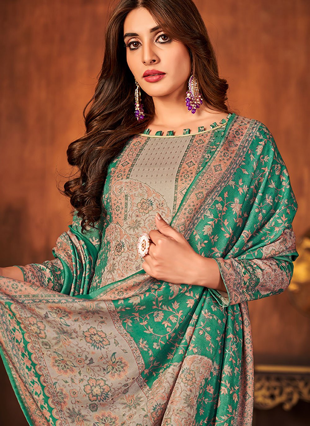 Straight Salwar Suit Pashmina Turquoise Diamond Salwar Kameez