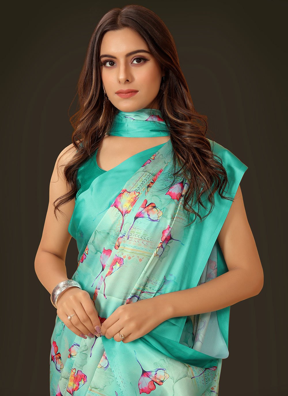 Classic Satin Turquoise Digital Print Saree