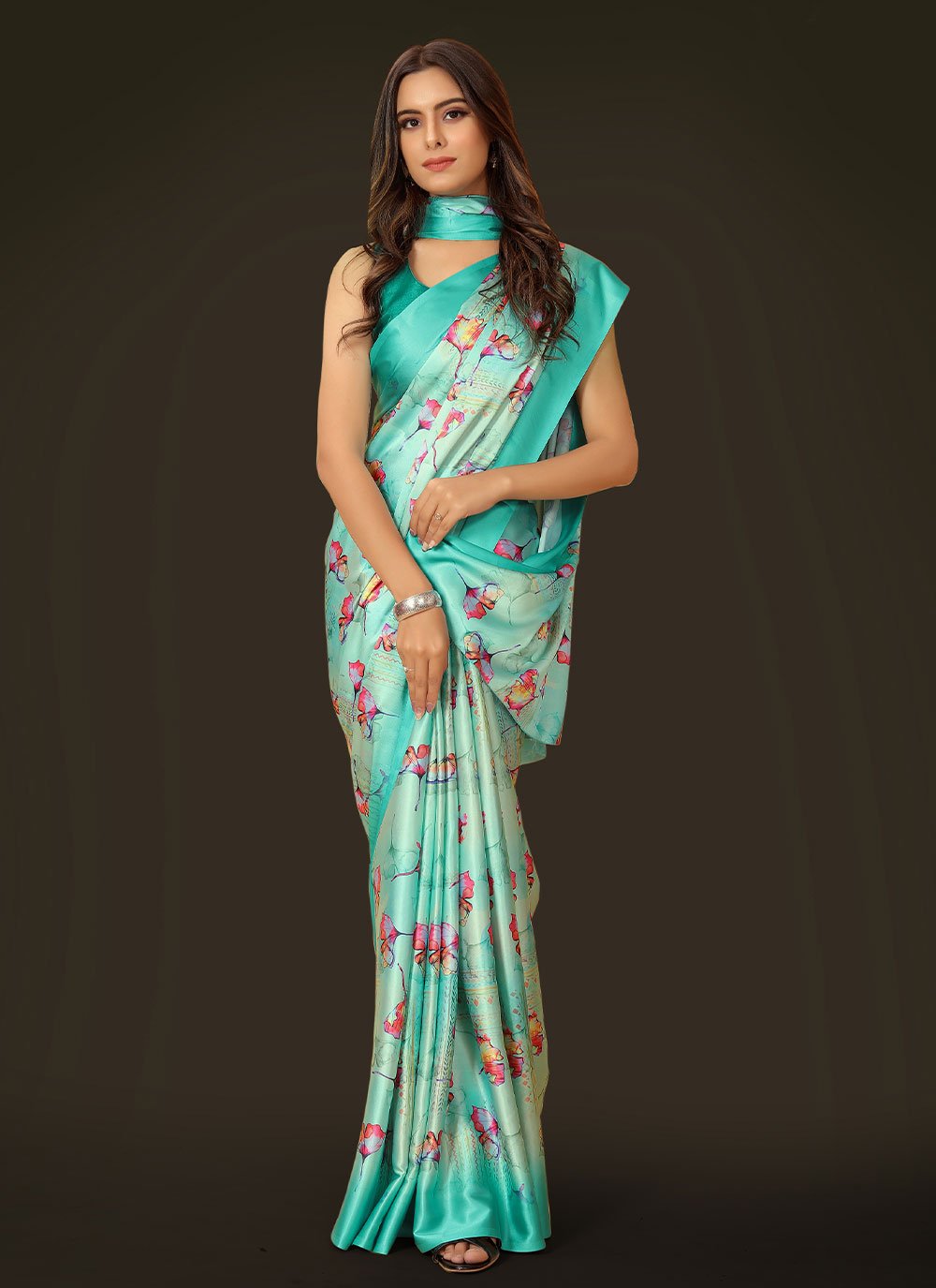 Classic Satin Turquoise Digital Print Saree