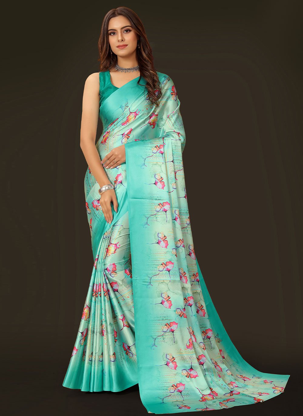 Classic Satin Turquoise Digital Print Saree