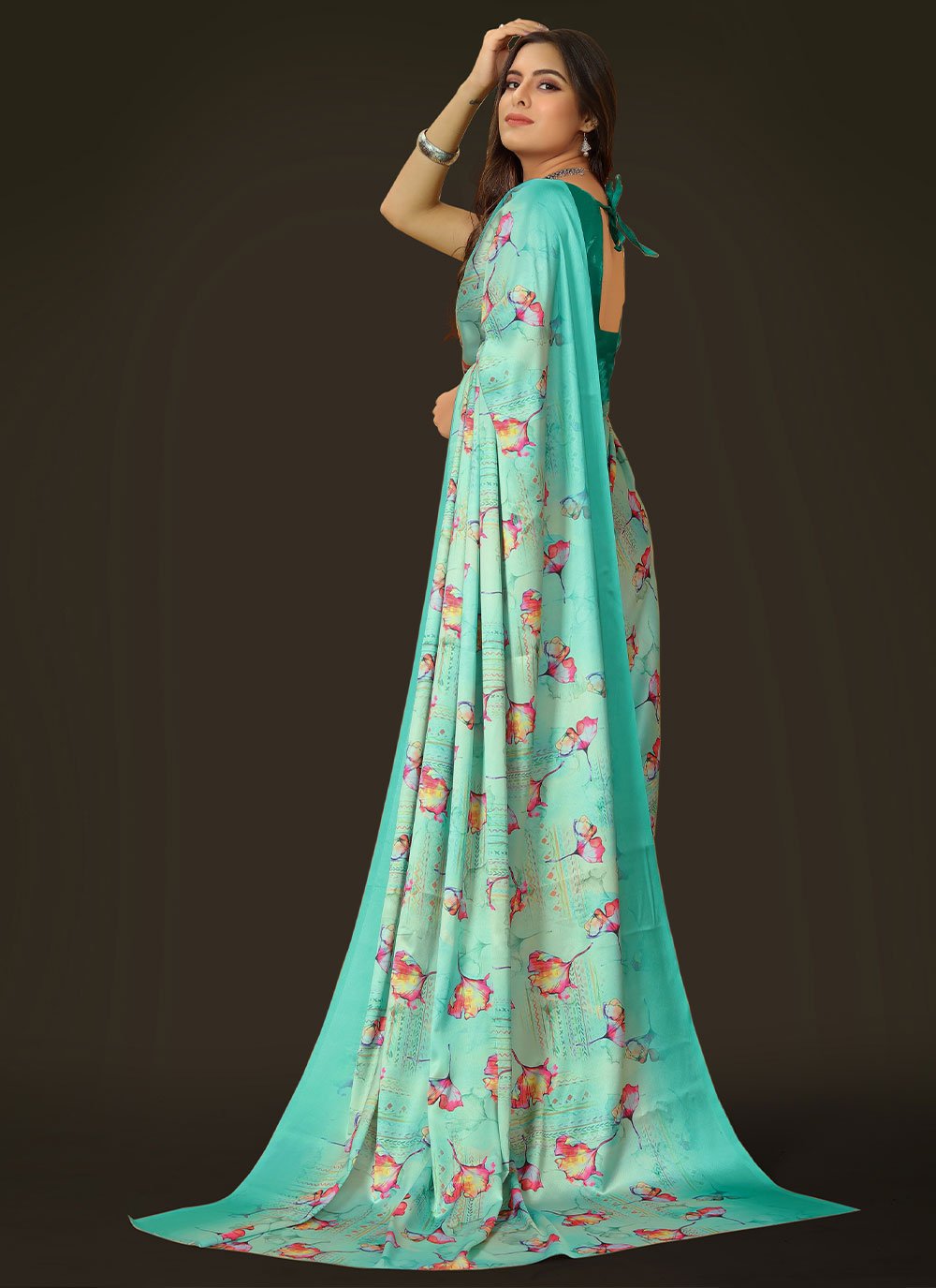 Classic Satin Turquoise Digital Print Saree