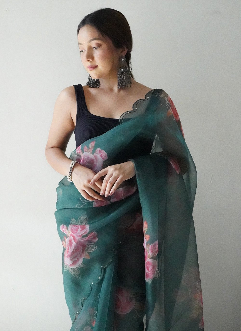 Contemporary Organza Turquoise Digital Print Saree