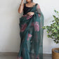 Contemporary Organza Turquoise Digital Print Saree