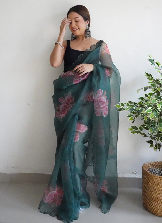 Contemporary Organza Turquoise Digital Print Saree