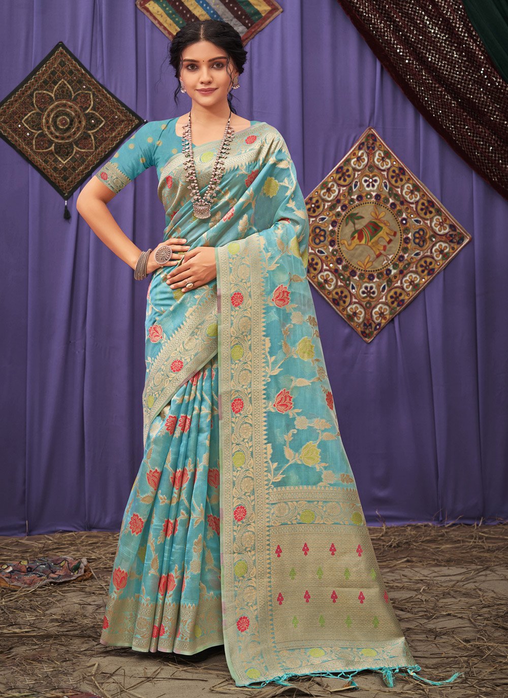 Classic Organza Turquoise Embroidered Saree