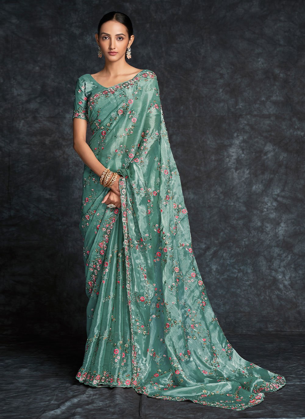 Contemporary Organza Turquoise Embroidered Saree