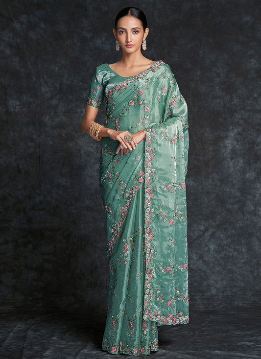 Contemporary Organza Turquoise Embroidered Saree