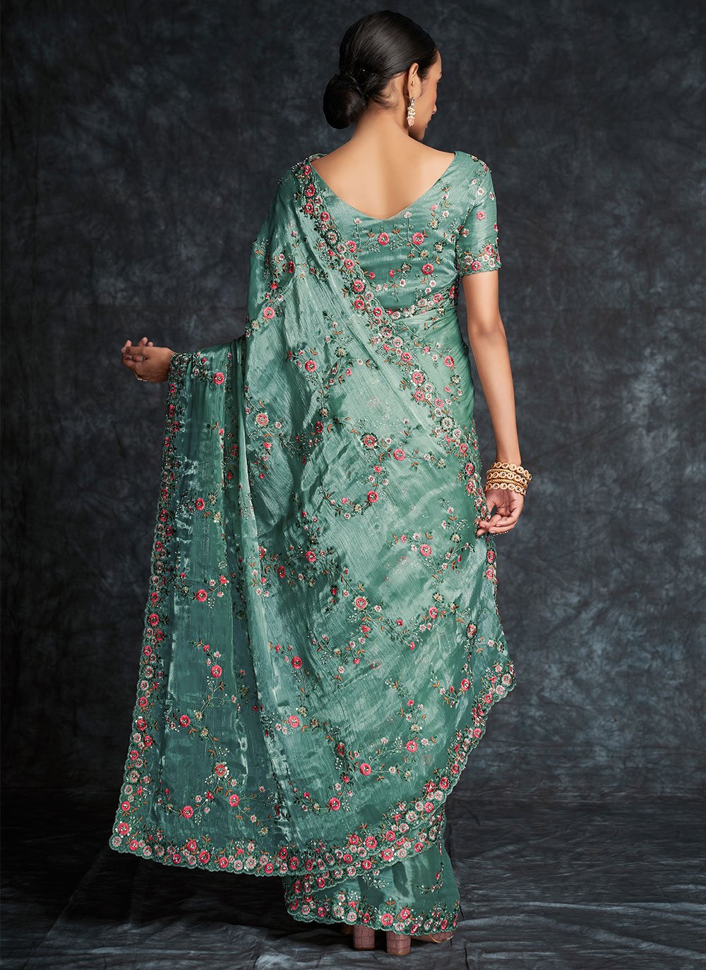 Contemporary Organza Turquoise Embroidered Saree