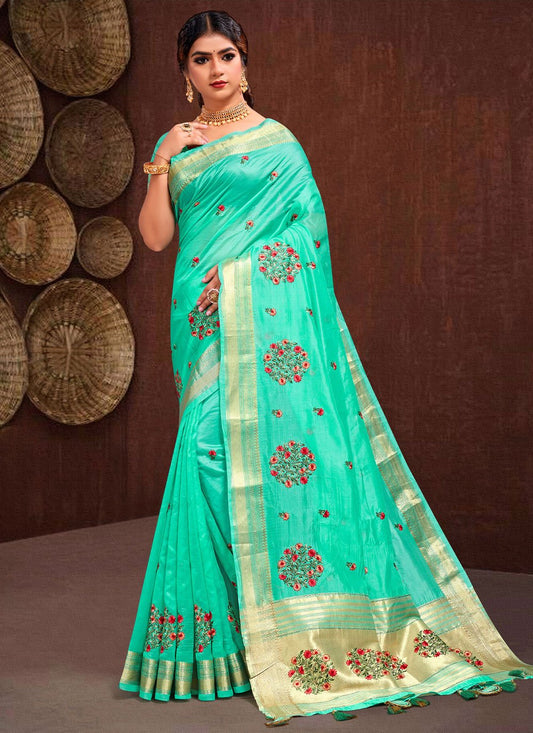 Contemporary Silk Tissue Turquoise Embroidered Saree