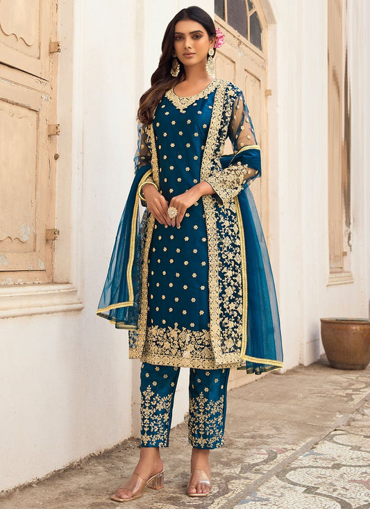 Jacket Style Suit Net Turquoise Embroidered Salwar Kameez