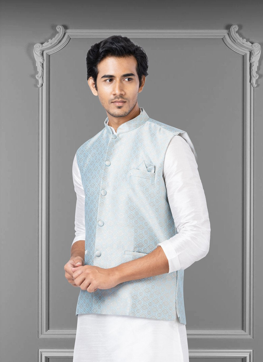 Nehru Jackets Jacquard Silk Turquoise Embroidered Mens