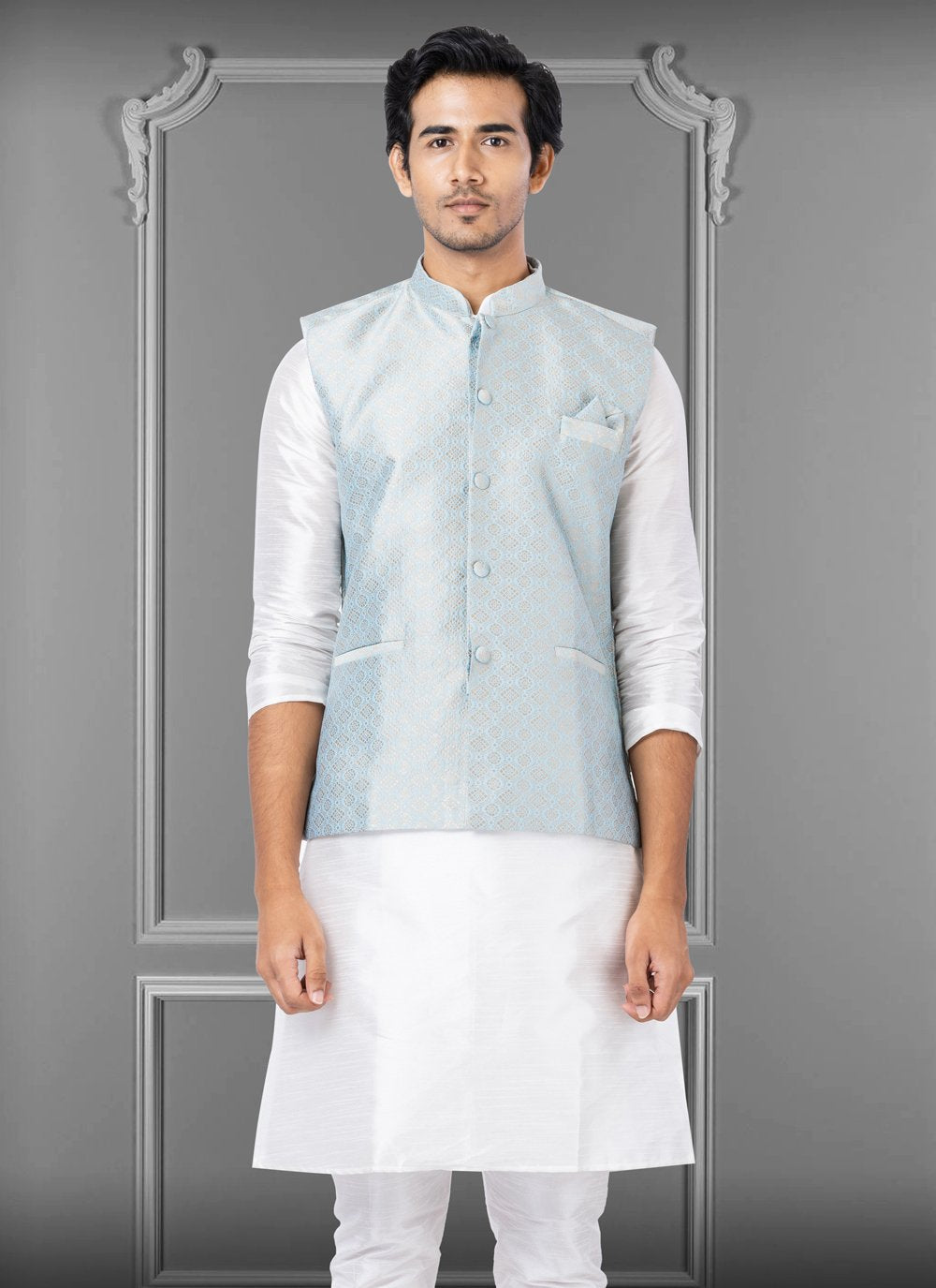 Nehru Jackets Jacquard Silk Turquoise Embroidered Mens
