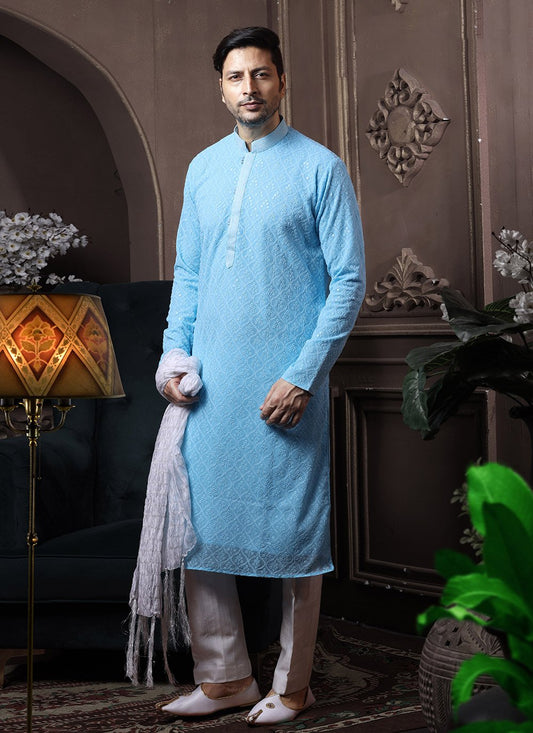 Kurta Pyjama Georgette Lucknowi Turquoise Embroidered Mens