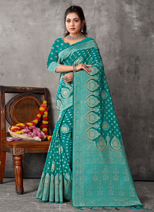 Classic Organza Turquoise Embroidered Saree