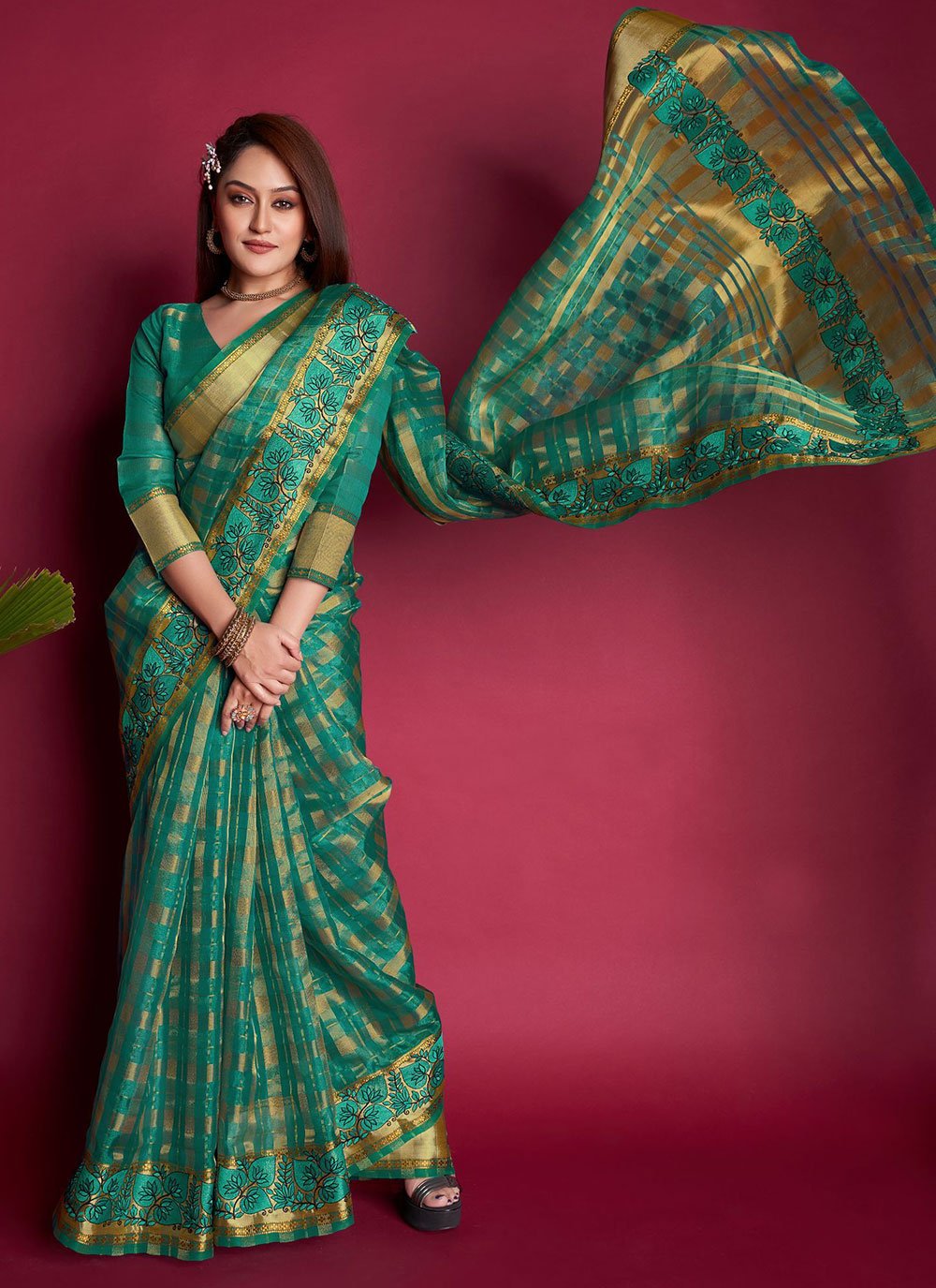 Classic Organza Silk Turquoise Embroidered Saree