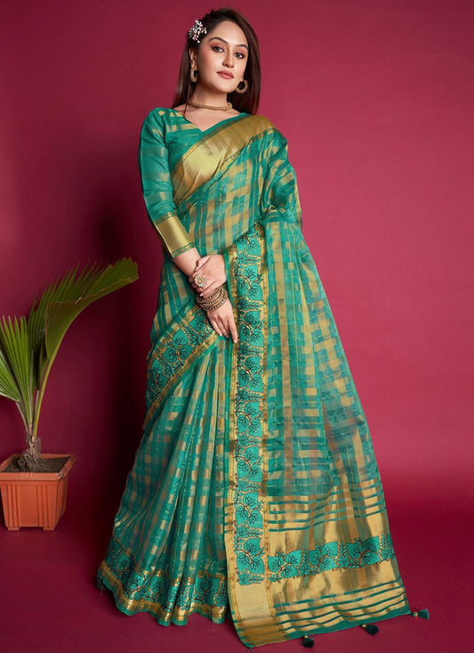 Classic Organza Silk Turquoise Embroidered Saree