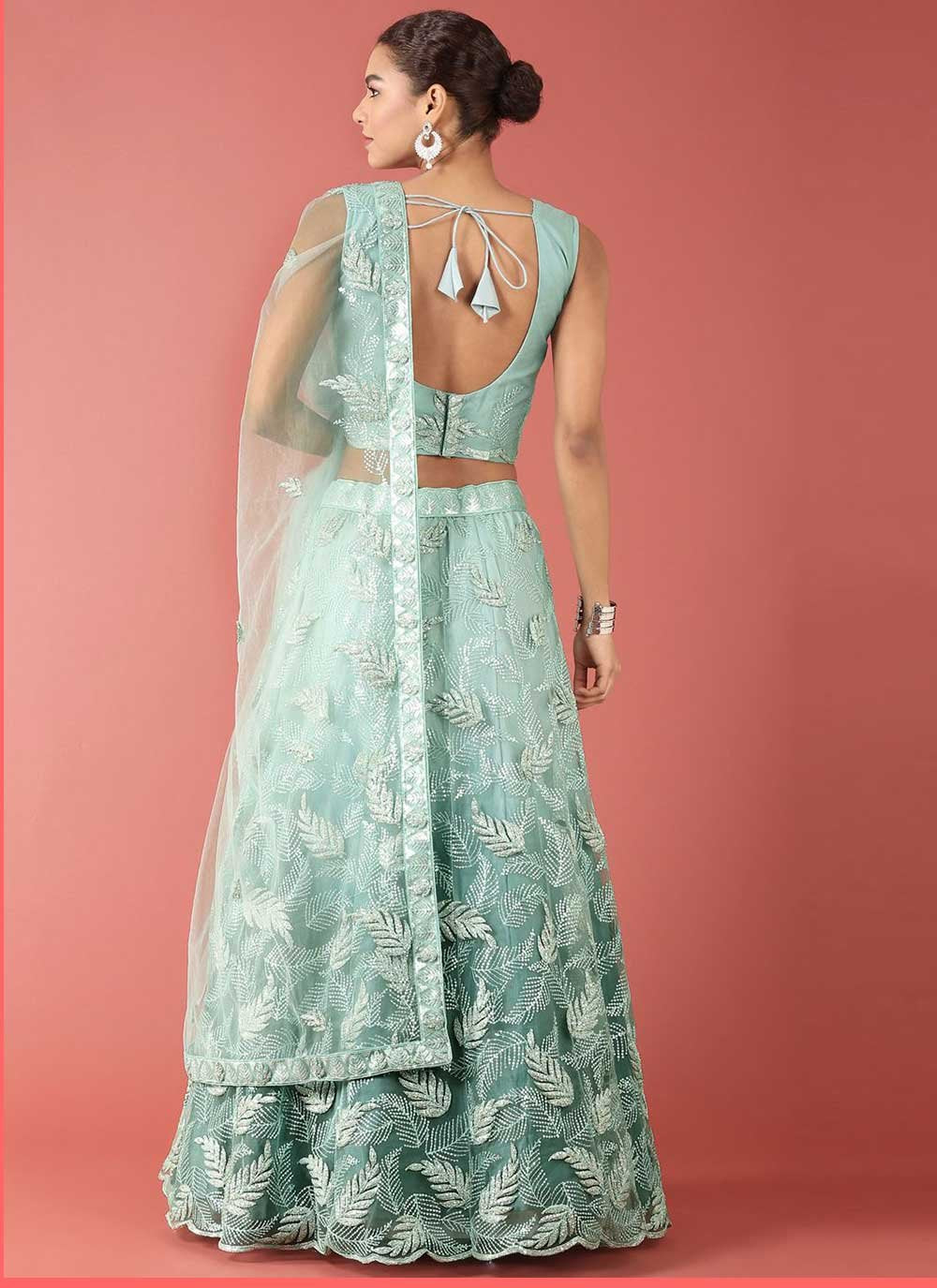 Lehenga Choli Net Turquoise Embroidered Lehenga Choli