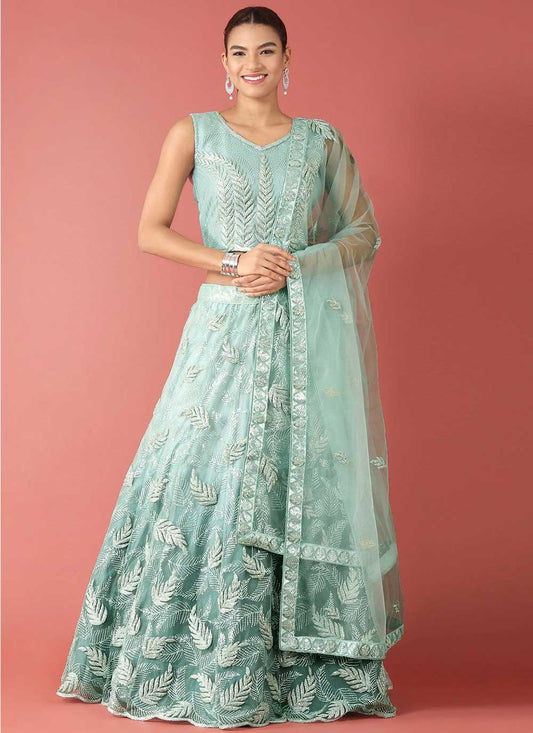 Lehenga Choli Net Turquoise Embroidered Lehenga Choli