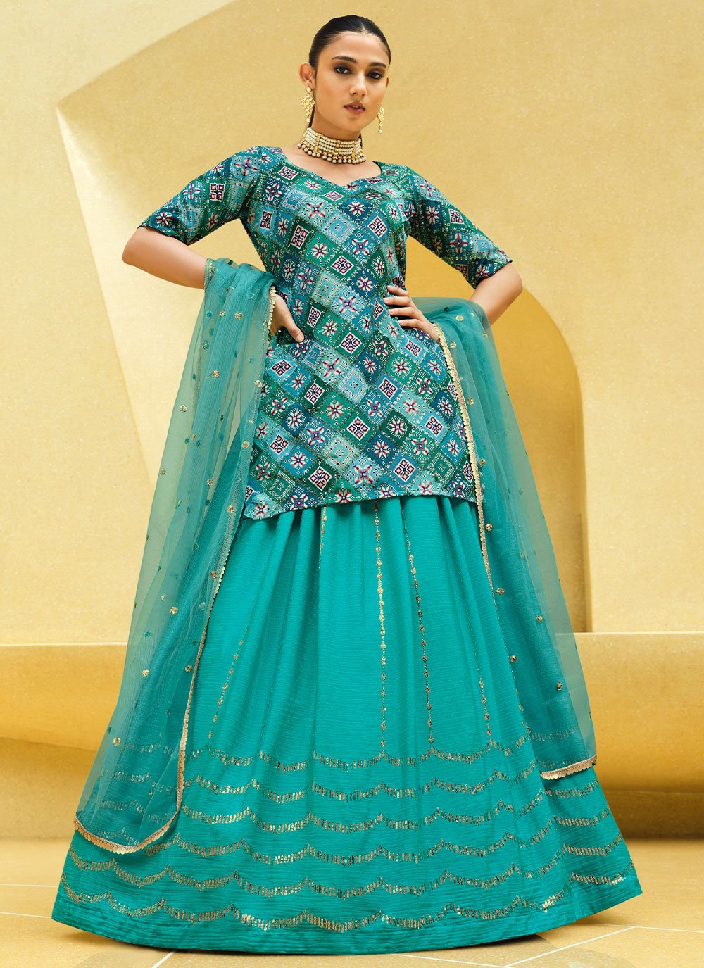 Lehenga Choli Chinon Silk Turquoise Embroidered Lehenga Choli