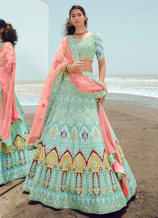 Lehenga Choli Georgette Turquoise Dori Work Lehenga Choli