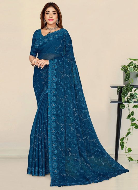 Trendy Saree Shimmer Turquoise Embroidered Saree