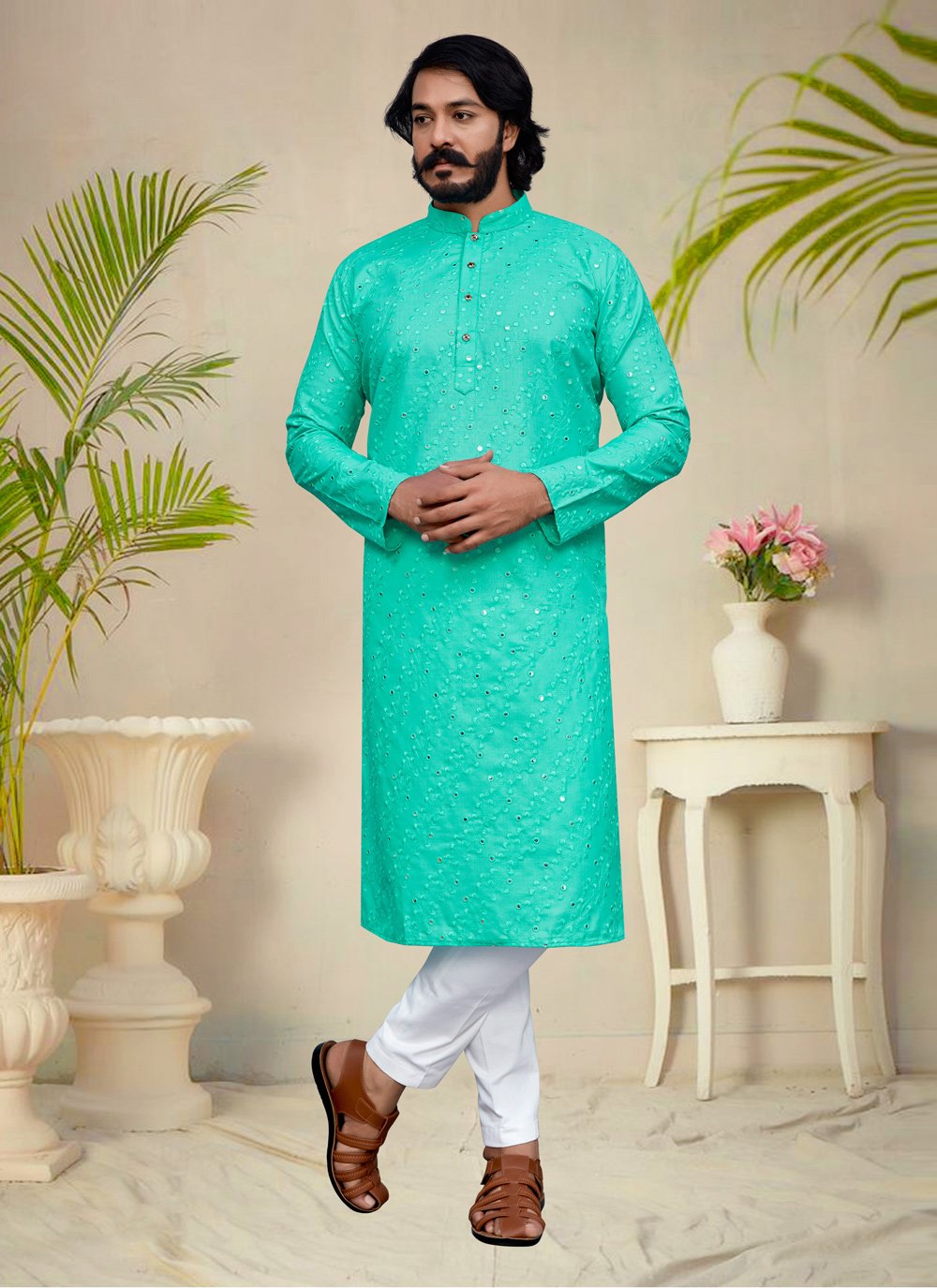 Kurta Pyjama Silk Turquoise Embroidered Mens