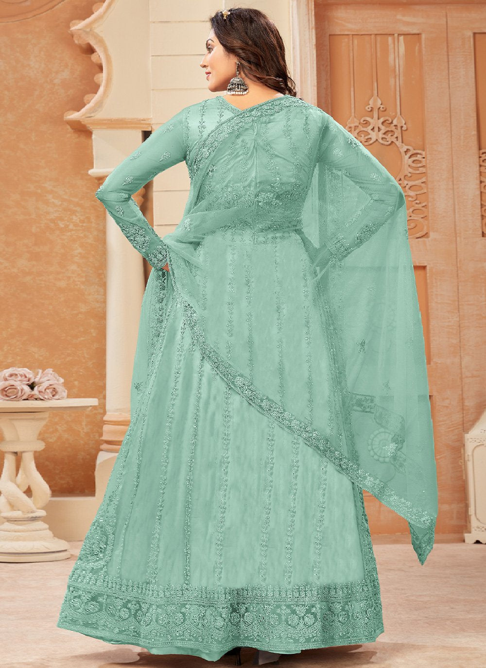 Floor Lenght Salwar Suit Net Turquoise Embroidered Salwar Kameez