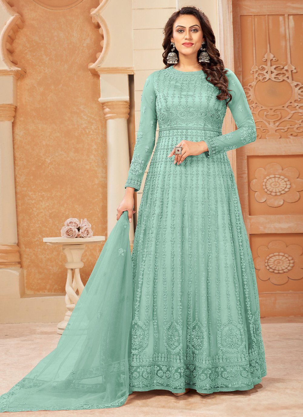 Floor Lenght Salwar Suit Net Turquoise Embroidered Salwar Kameez