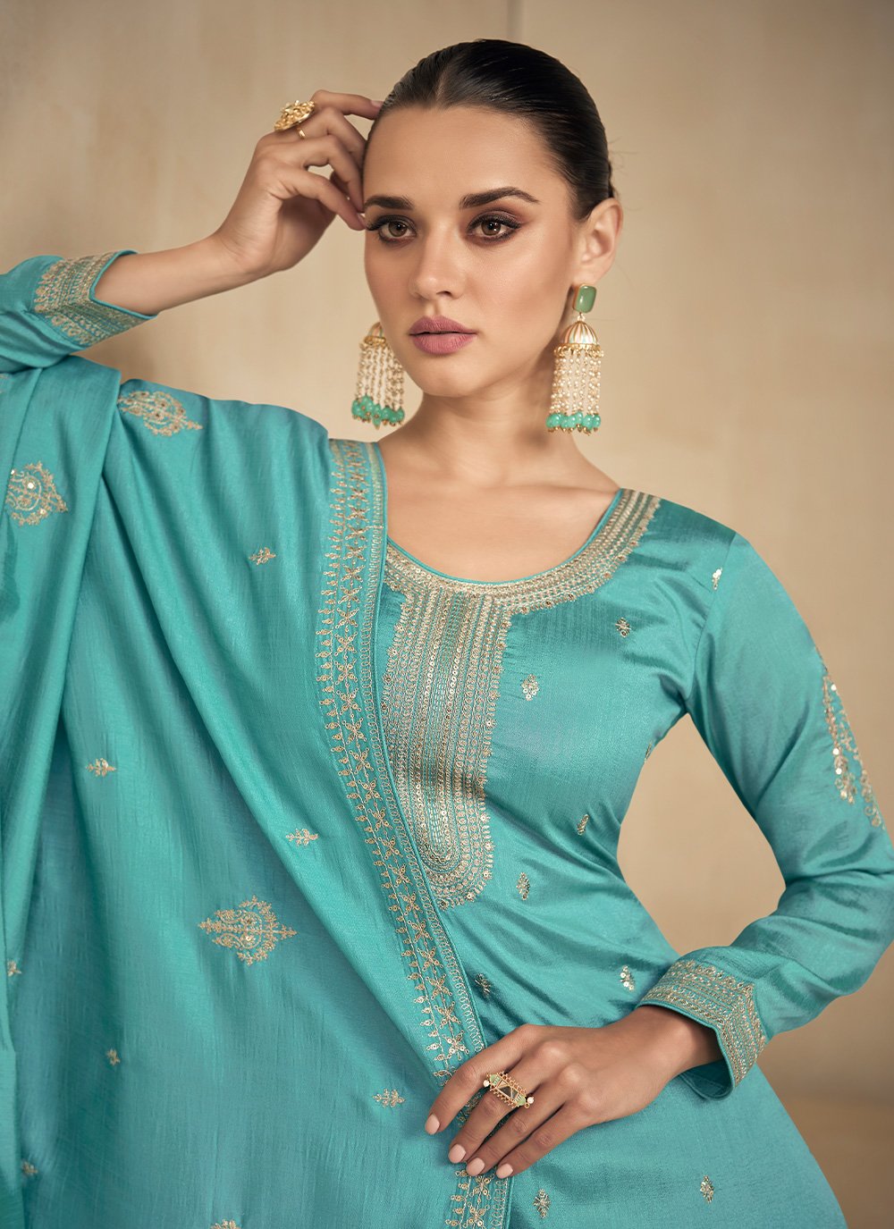 Salwar Suit Silk Turquoise Embroidered Salwar Kameez