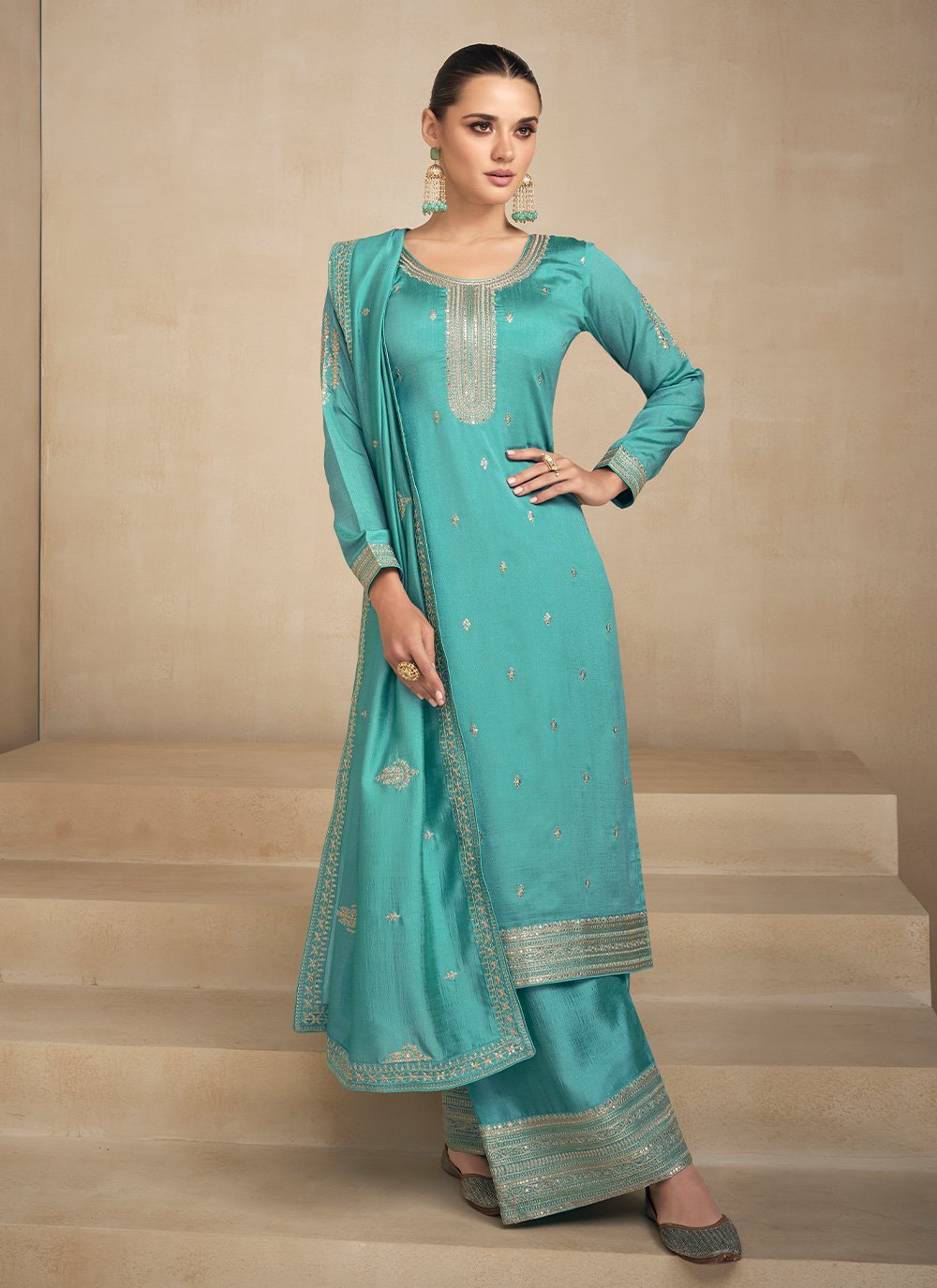 Salwar Suit Silk Turquoise Embroidered Salwar Kameez