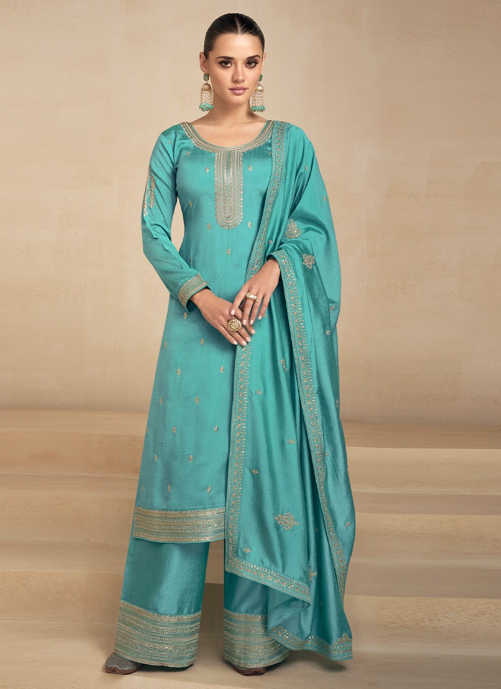 Salwar Suit Silk Turquoise Embroidered Salwar Kameez