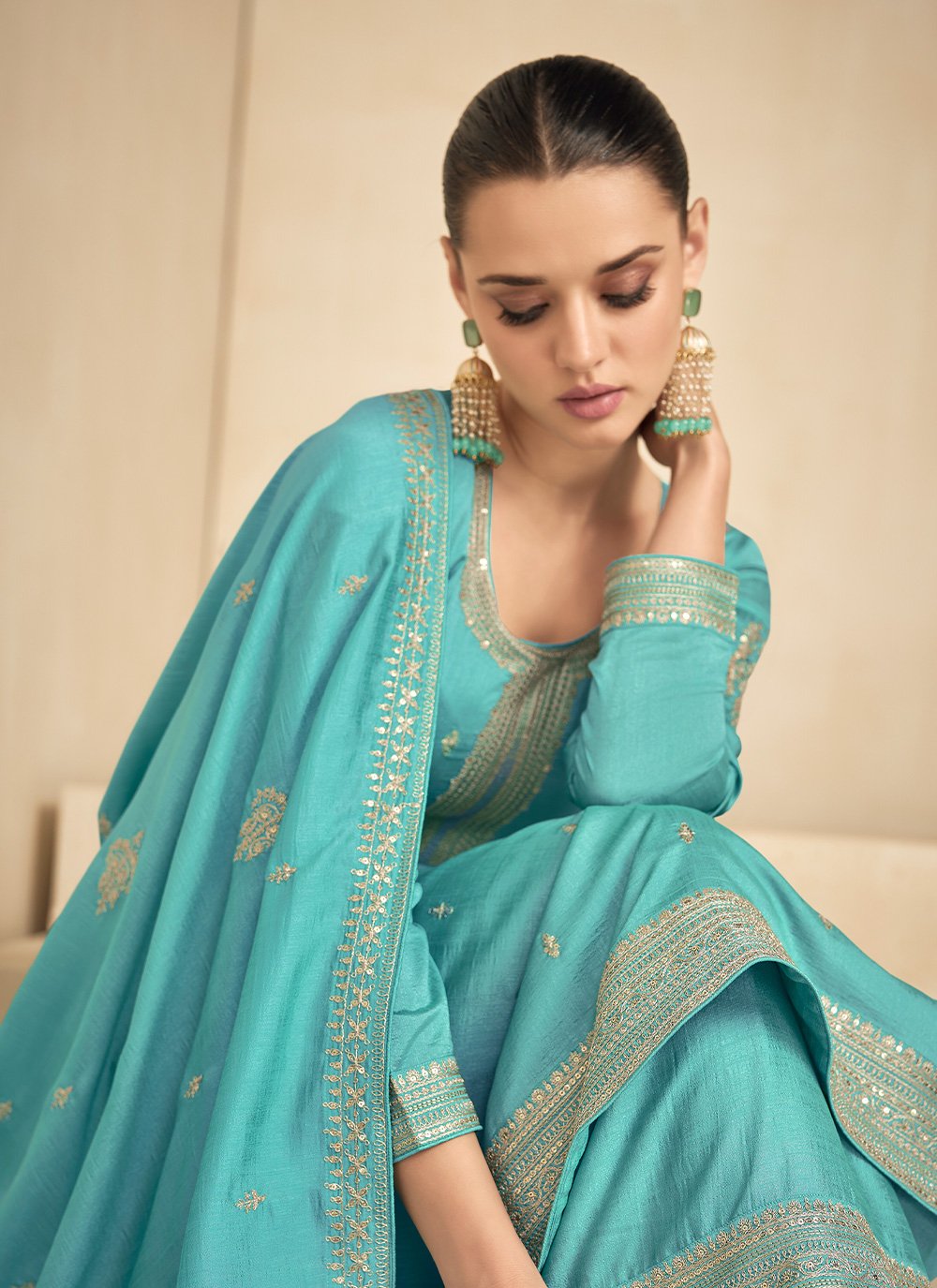 Salwar Suit Silk Turquoise Embroidered Salwar Kameez