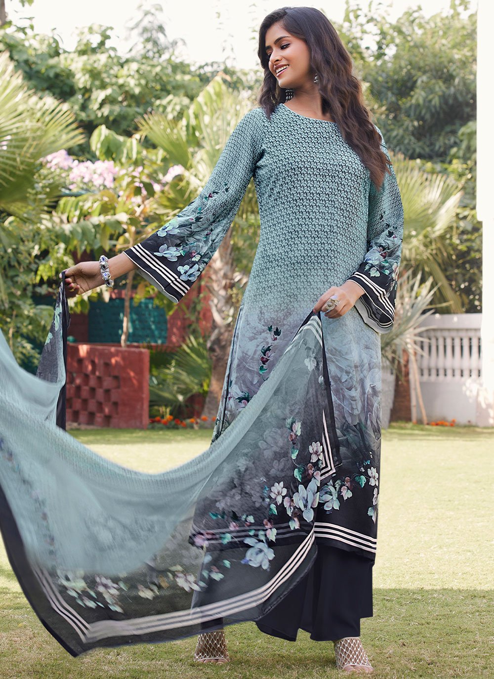 Floor Lenght Salwar Suit Faux Crepe Turquoise Digital Print Salwar Kameez