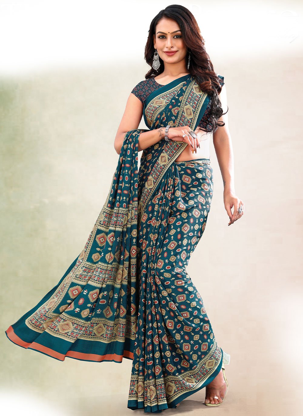 Classic Faux Crepe Turquoise Print Saree