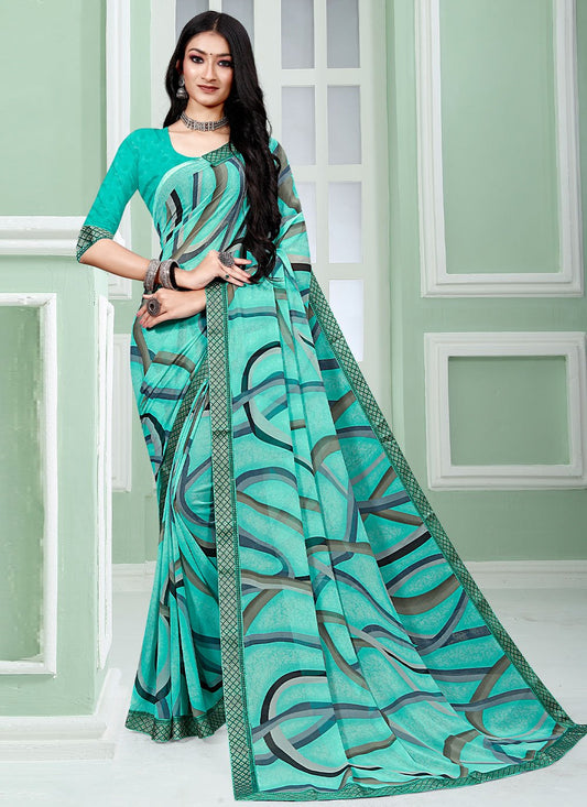 Classic Faux Georgette Turquoise Patch Border Saree