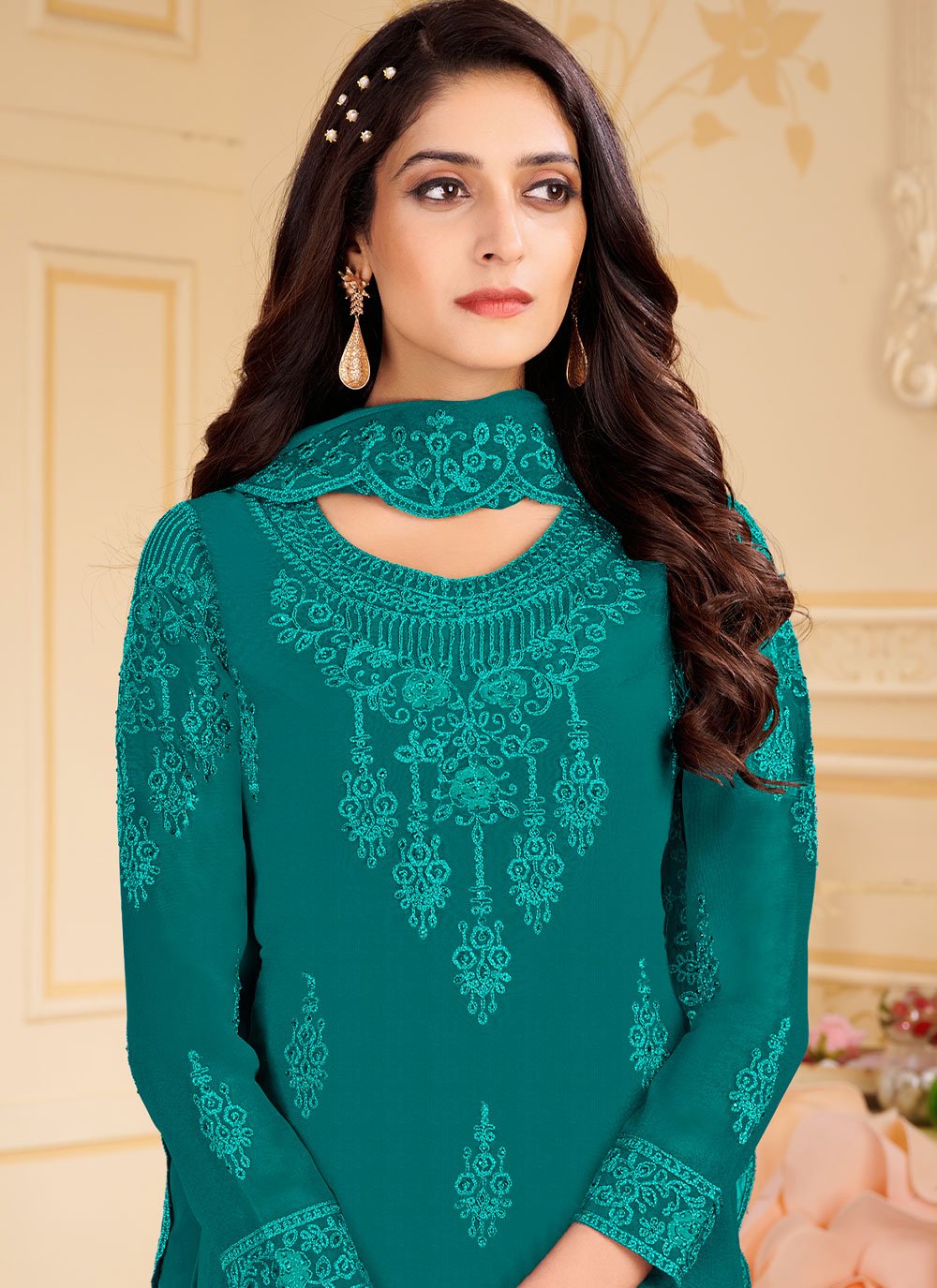 Pakistani Salwar Suit Faux Georgette Turquoise Embroidered Salwar Kameez