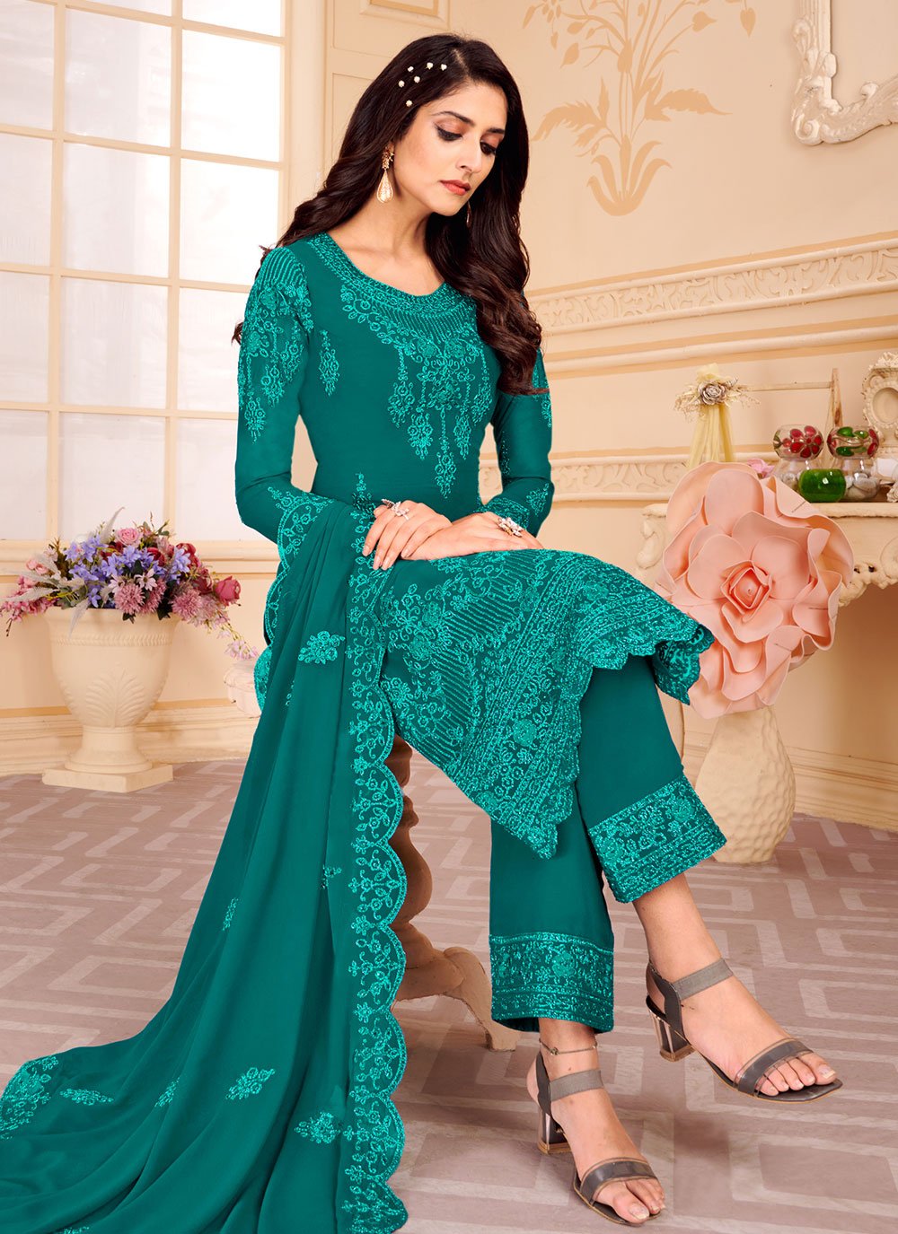 Pakistani Salwar Suit Faux Georgette Turquoise Embroidered Salwar Kameez