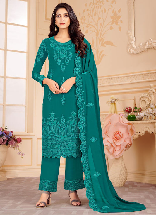 Pakistani Salwar Suit Faux Georgette Turquoise Embroidered Salwar Kameez