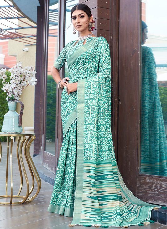 Designer Banarasi Silk Turquoise Digital Print Saree