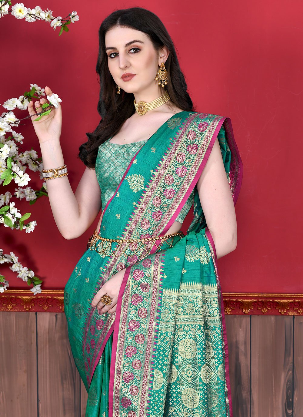 Classic Katan Silk Turquoise Patch Border Saree