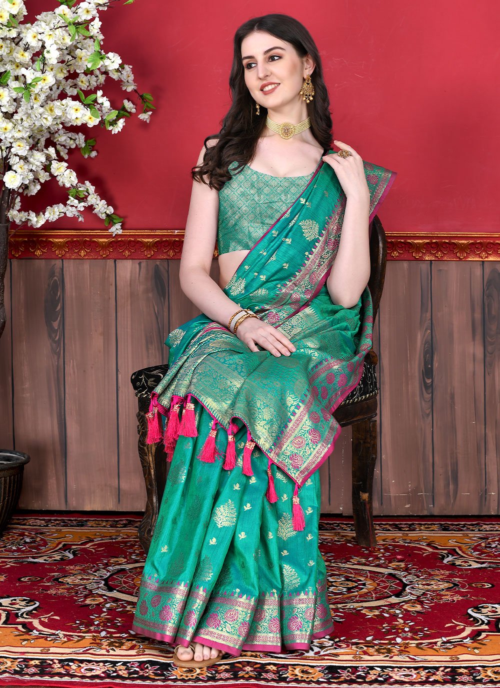 Classic Katan Silk Turquoise Patch Border Saree