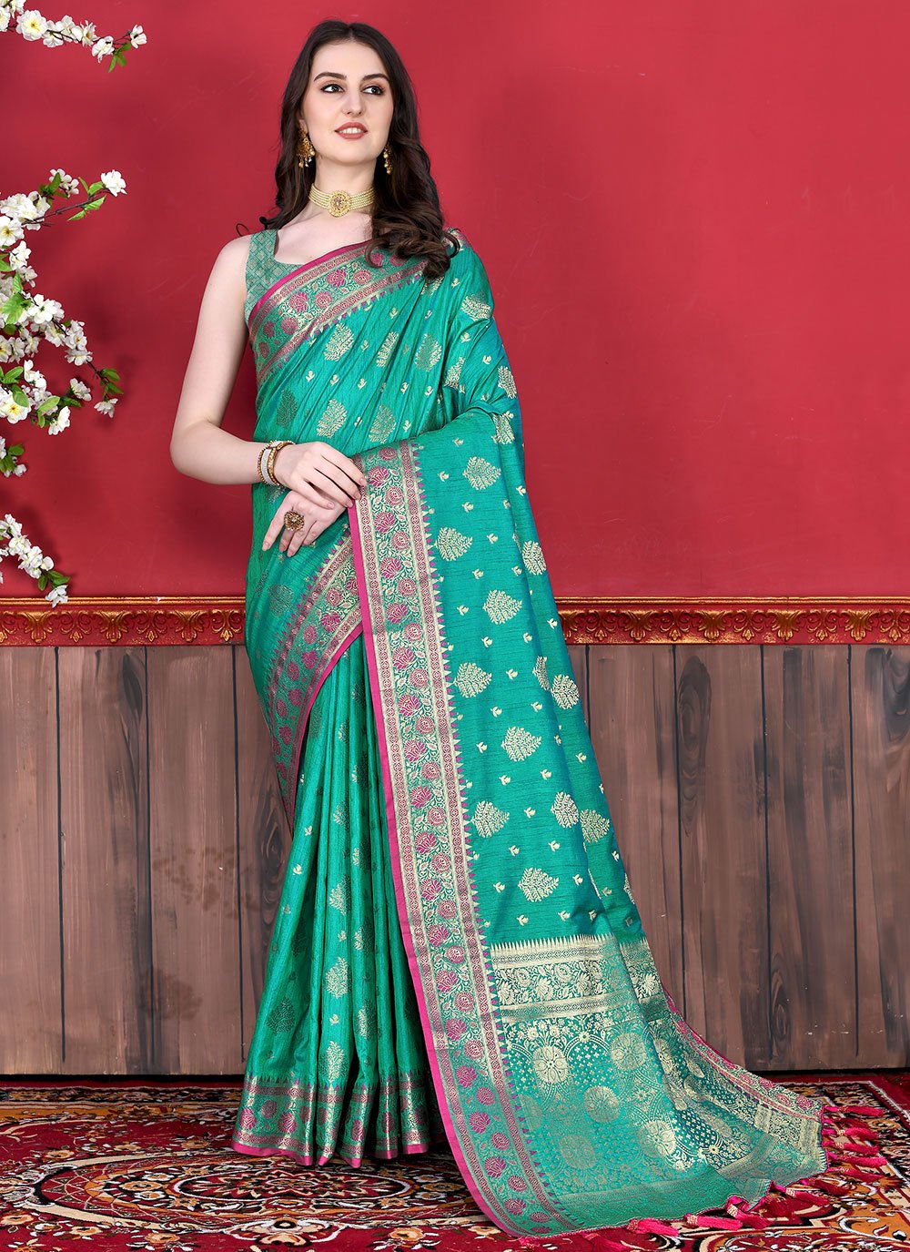 Classic Katan Silk Turquoise Patch Border Saree