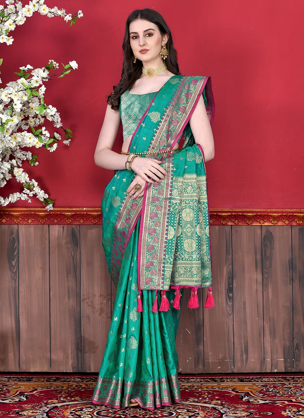 Classic Katan Silk Turquoise Patch Border Saree