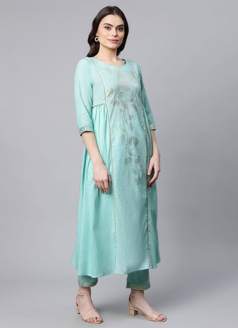 Casual Kurti Cotton Turquoise Foil Print Kurtis