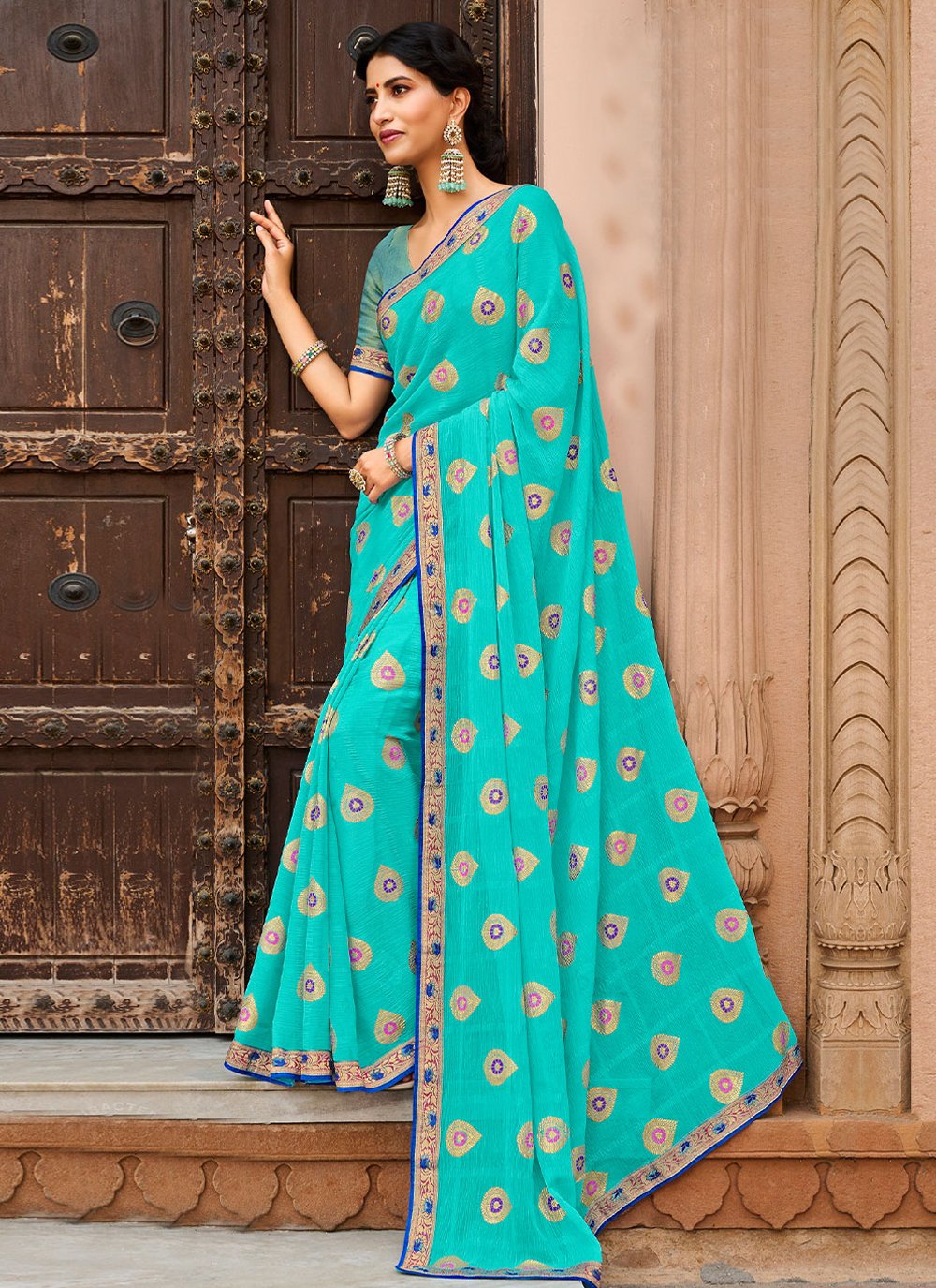 Classic Chiffon Turquoise Foil Print Saree