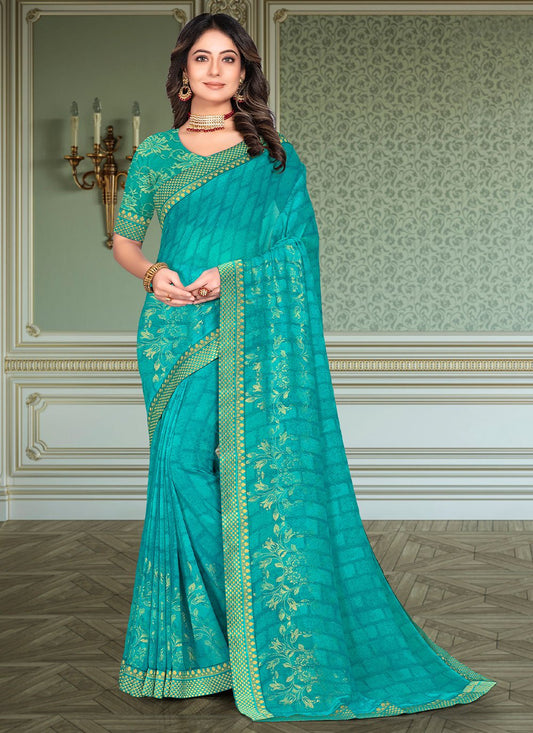 Contemporary Georgette Turquoise Foil Print Saree