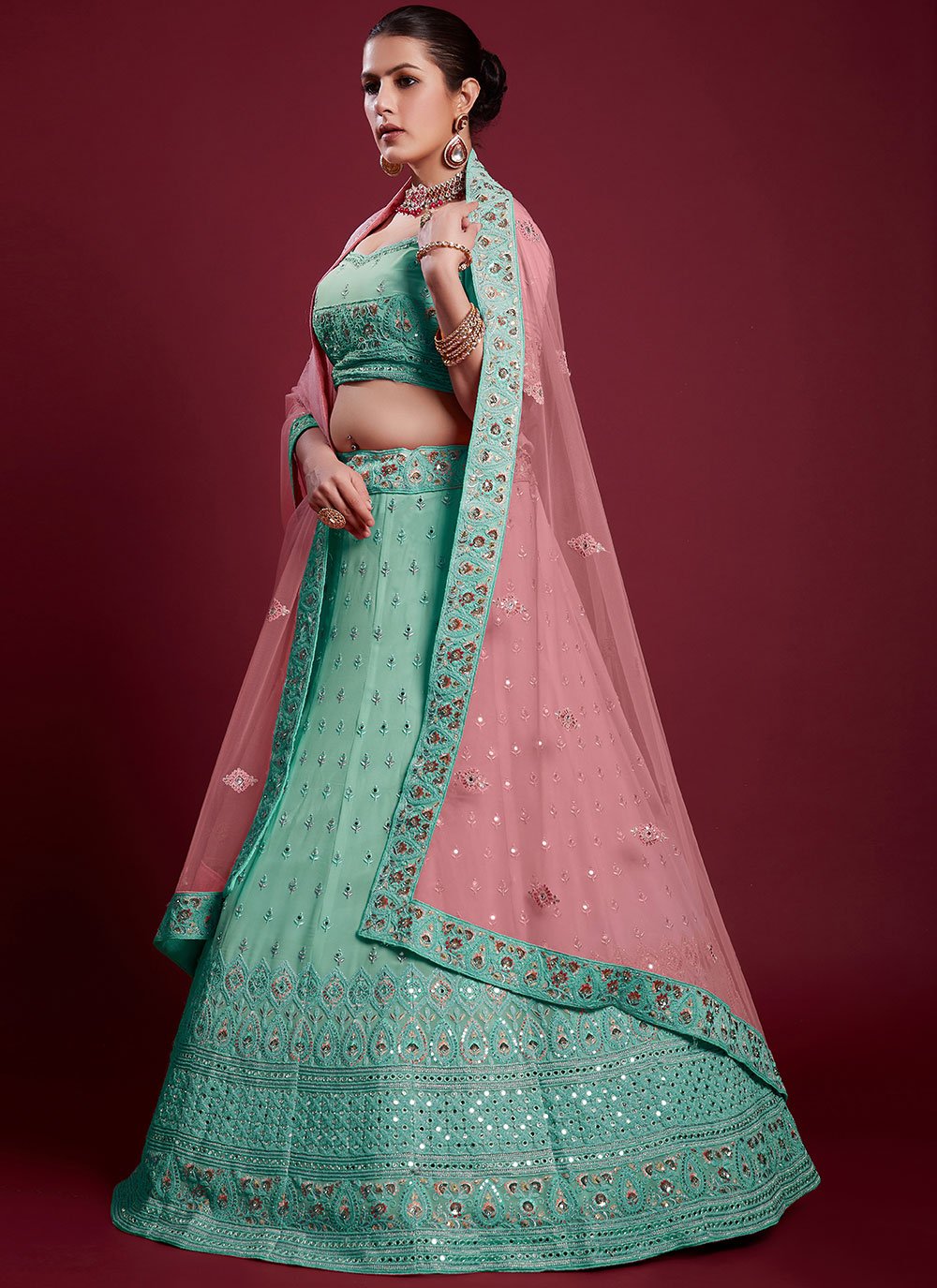 Lehenga Choli Georgette Turquoise Dori Work Lehenga Choli