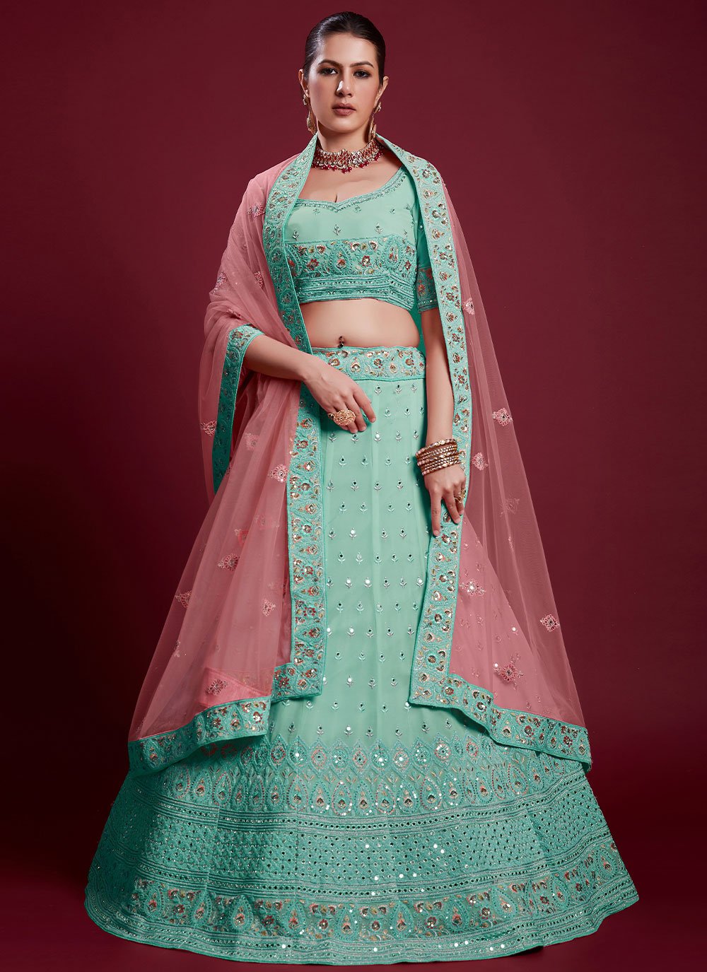 Lehenga Choli Georgette Turquoise Dori Work Lehenga Choli