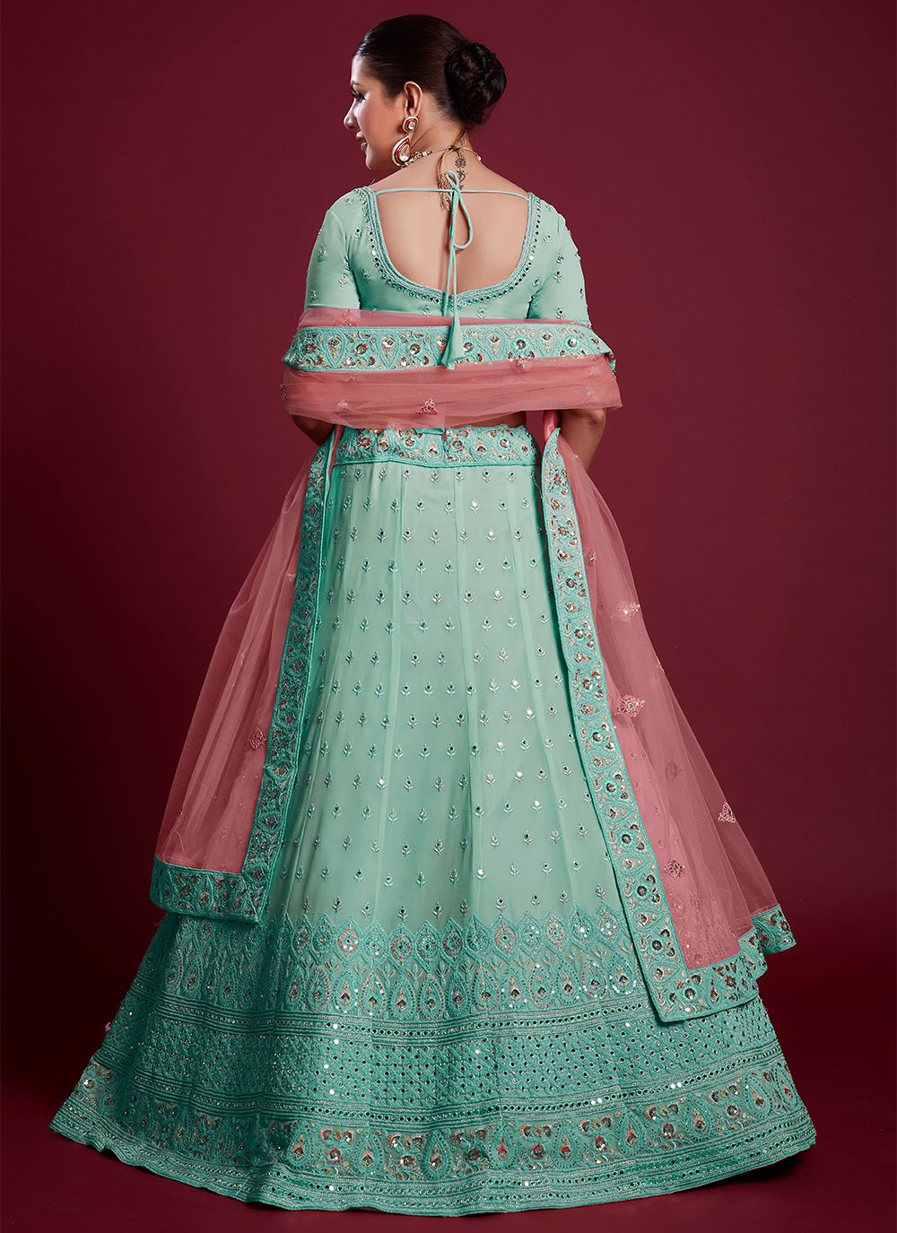 Lehenga Choli Georgette Turquoise Dori Work Lehenga Choli