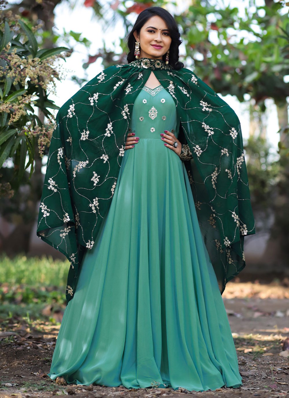 Gown Georgette Turquoise Embroidered Gown